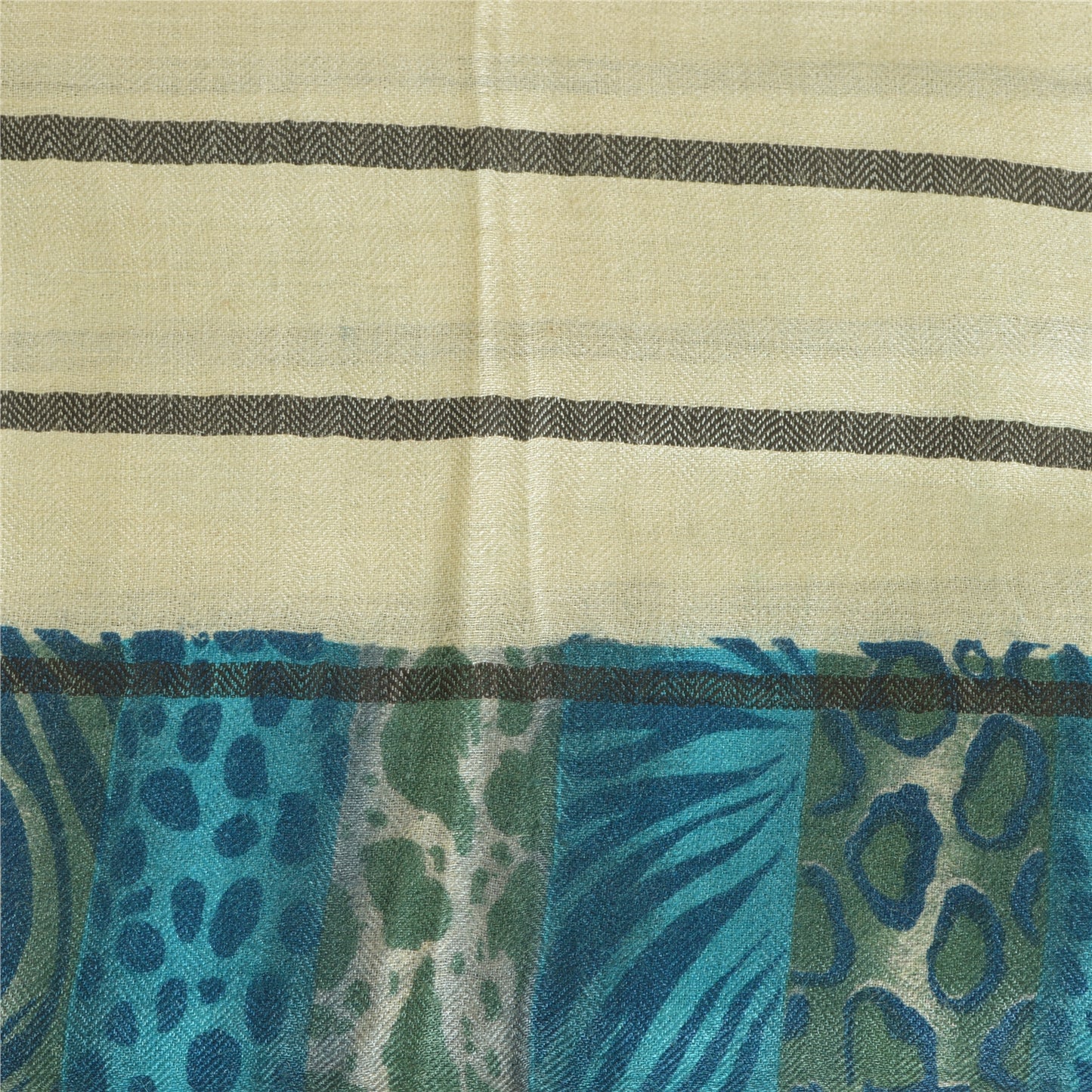 Sanskriti Vintage Ivory/Blue Long Dupatta Stole Pure Woolen Printed Wrap Shawl