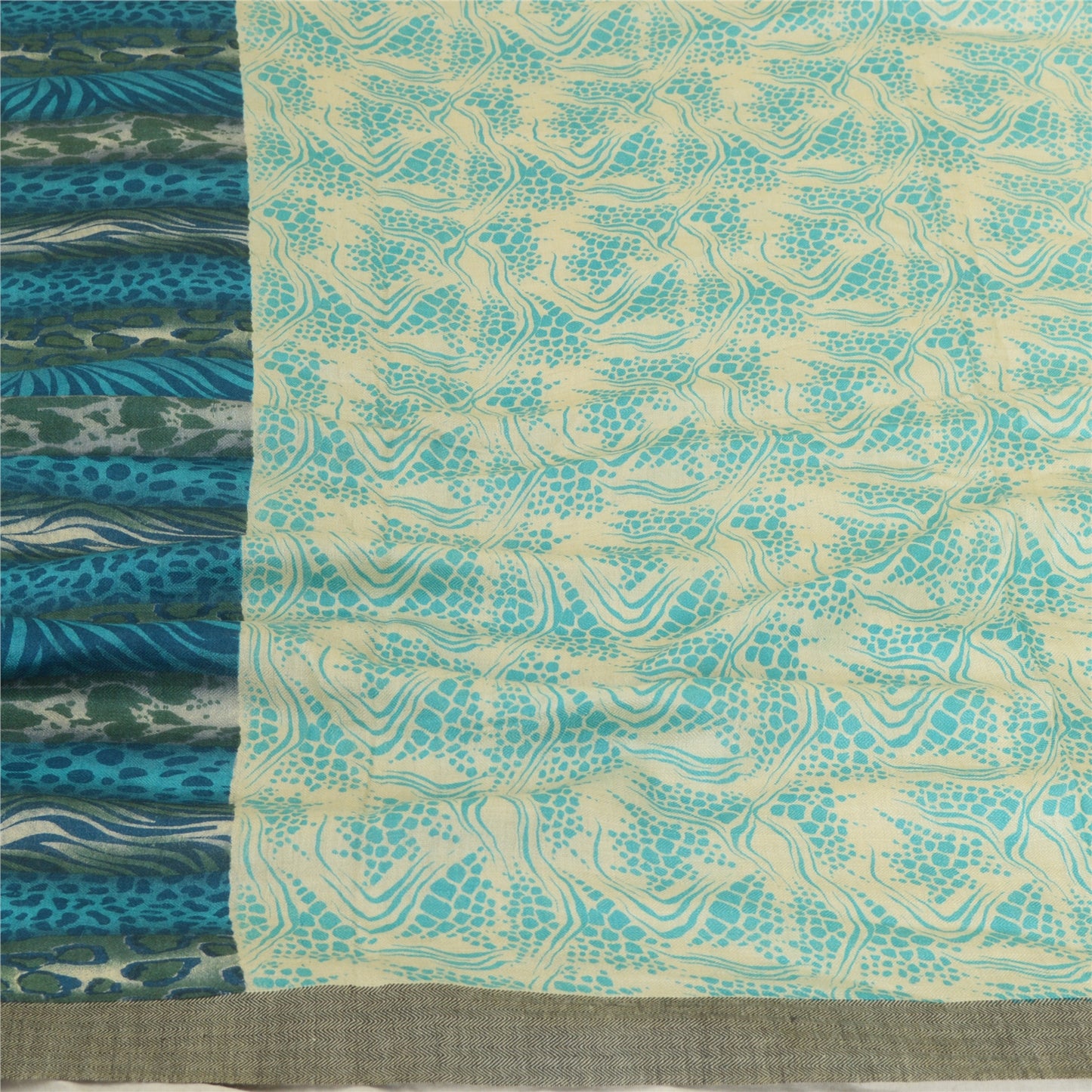 Sanskriti Vintage Ivory/Blue Long Dupatta Stole Pure Woolen Printed Wrap Shawl