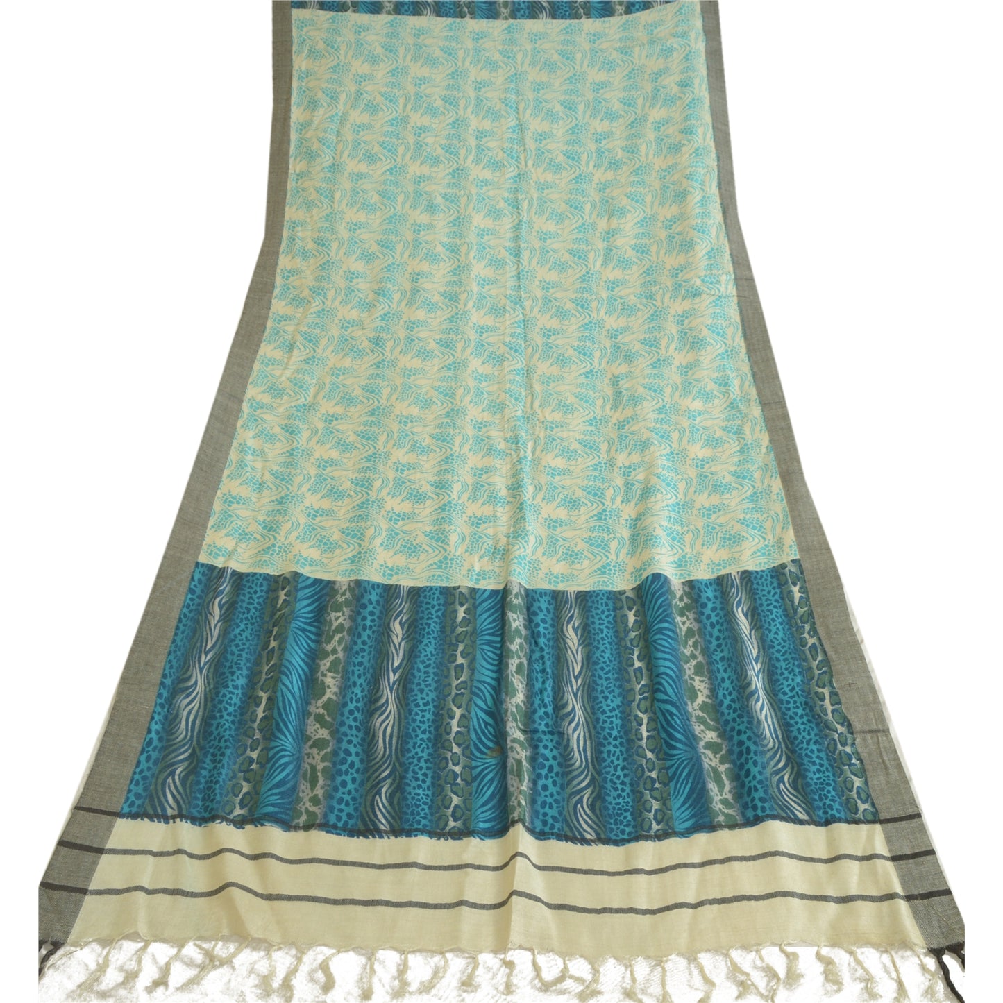 Sanskriti Vintage Ivory/Blue Long Dupatta Stole Pure Woolen Printed Wrap Shawl