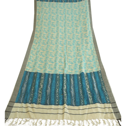 Sanskriti Vintage Ivory/Blue Long Dupatta Stole Pure Woolen Printed Wrap Shawl