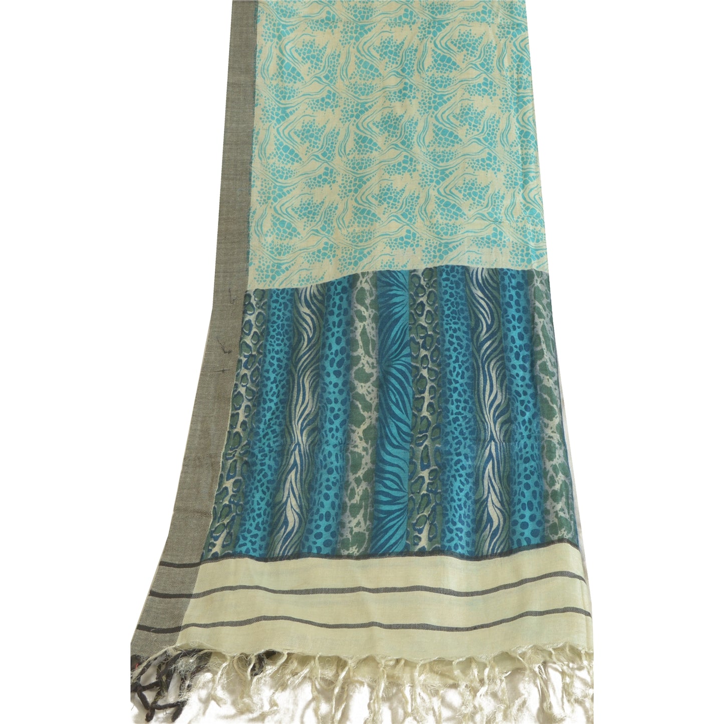 Sanskriti Vintage Ivory/Blue Long Dupatta Stole Pure Woolen Printed Wrap Shawl