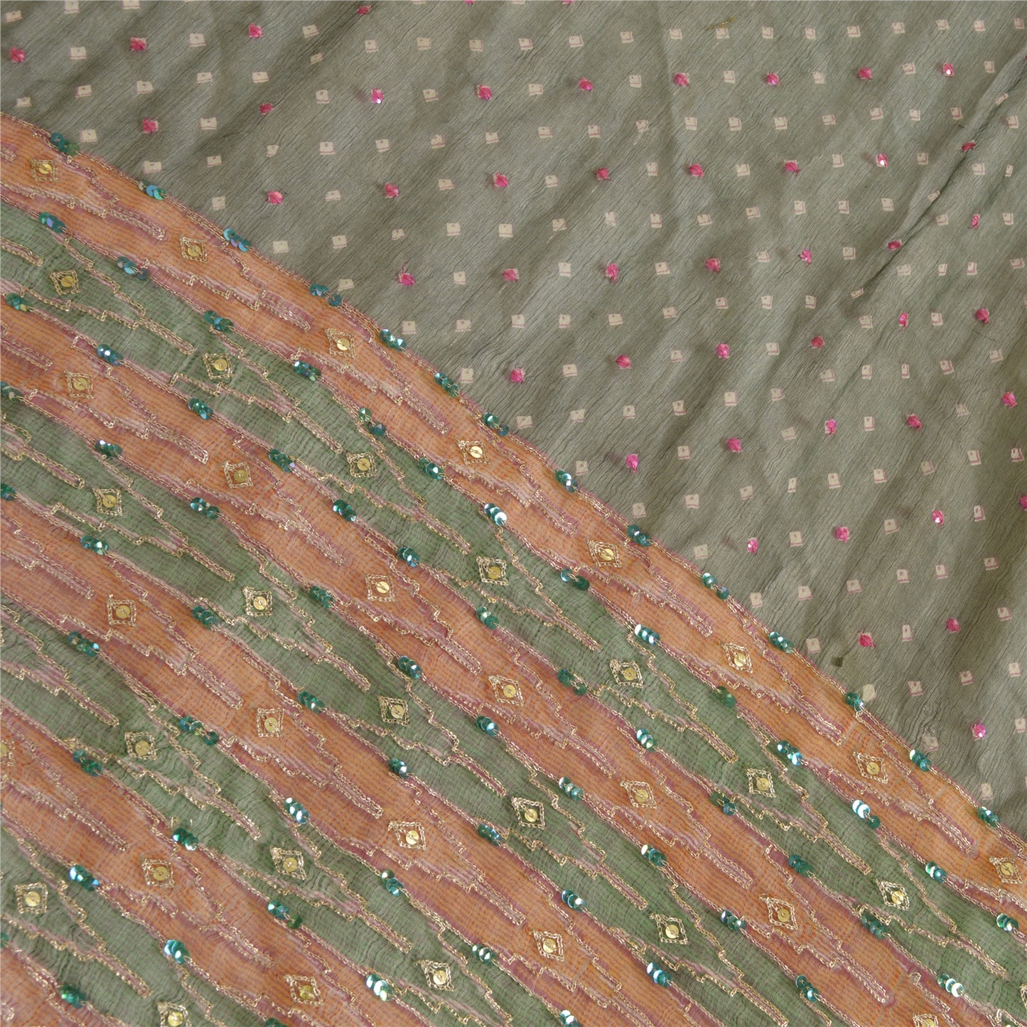 Санскрити Винтаж Длинный Зеленый Дупатта/Палантин Чистый Шифоновый Шелк Ручной Работы Бисером Шарфы