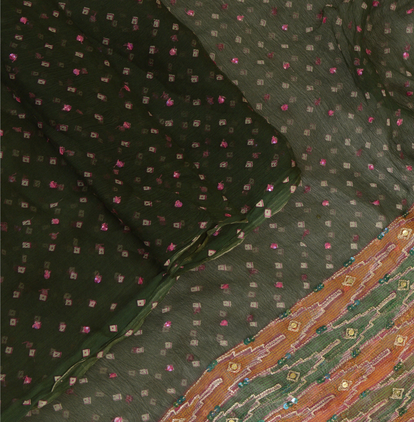 Санскрити Винтаж Длинный Зеленый Дупатта/Палантин Чистый Шифоновый Шелк Ручной Работы Бисером Шарфы