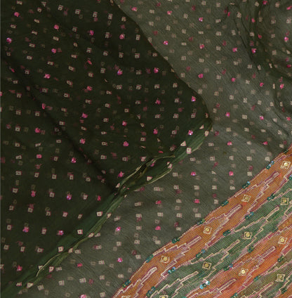 Санскрити Винтаж Длинный Зеленый Дупатта/Палантин Чистый Шифоновый Шелк Ручной Работы Бисером Шарфы