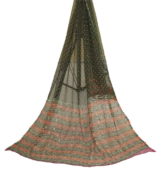 Sanskriti Vintage Long Green Dupatta/Stole Pure Chiffon Silk Hand Beaded Scarves