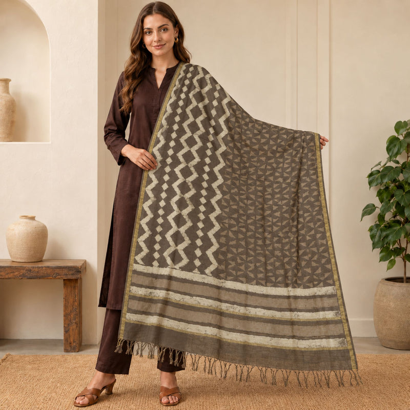 Sanskriti Vintage Chanderi Bagru Hand Block Pure Silk Dupatta Long Brown Stole