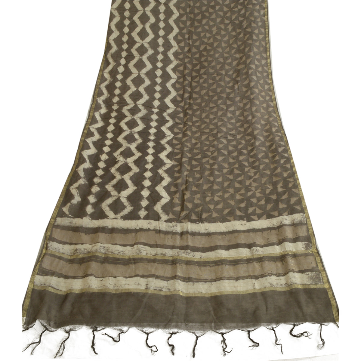 Sanskriti Vintage Chanderi Bagru Hand Block Pure Silk Dupatta Long Brown Stole
