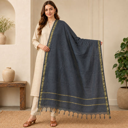 Sanskriti Vintage Chanderi Zari Woven Blue Cotton Silk Long Dupatta Stole Veil