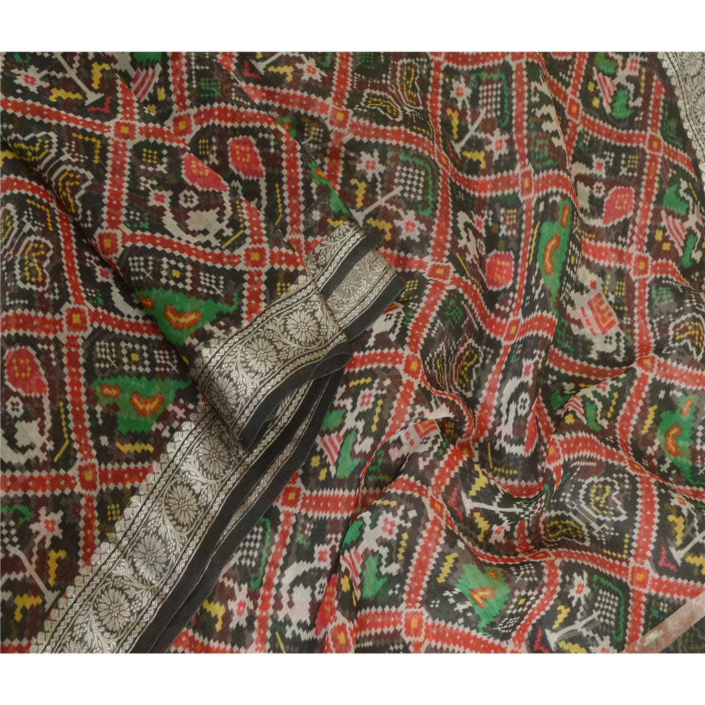 Sanskriti Vintage Black Long Dupatta Stole Pure Silk Black Patola Printed Veil