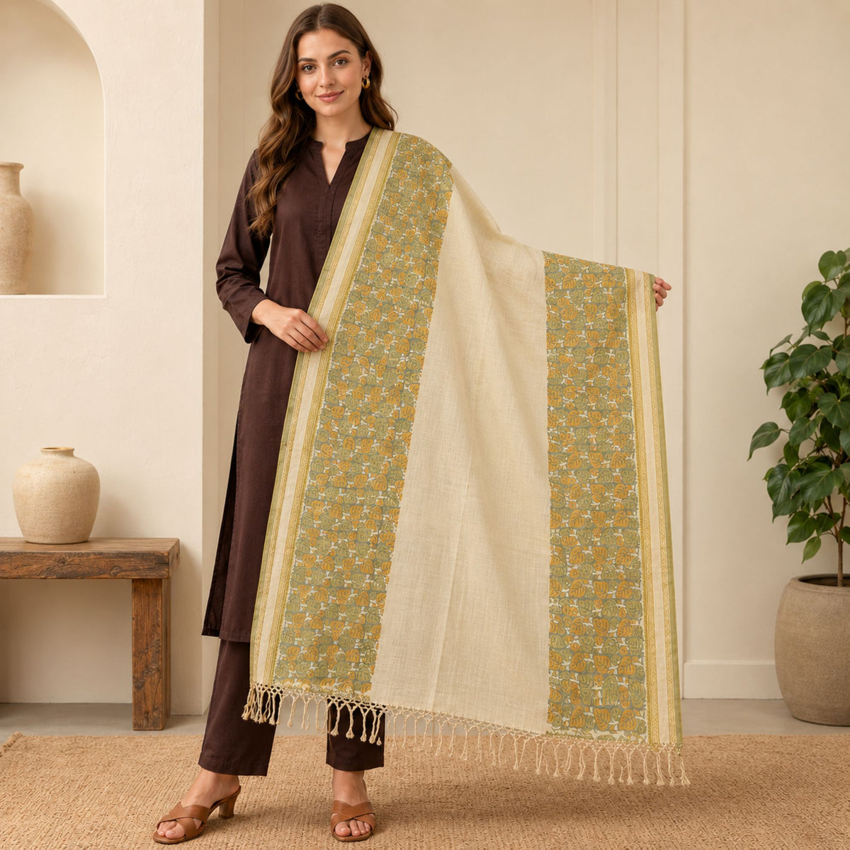 Sanskriti Vintage Printed Woven Pure Silk Long Dupatta Stole Ivory-Grey Veil