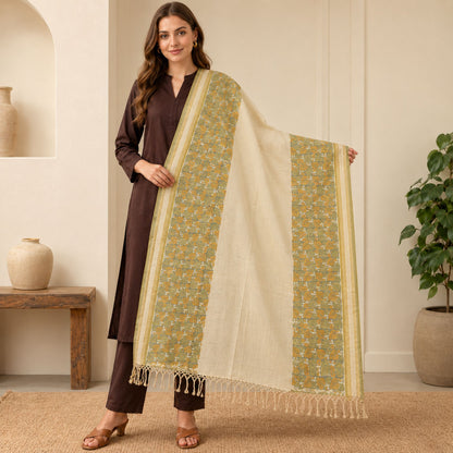 Sanskriti Vintage Printed Woven Pure Silk Long Dupatta Stole Ivory-Grey Veil