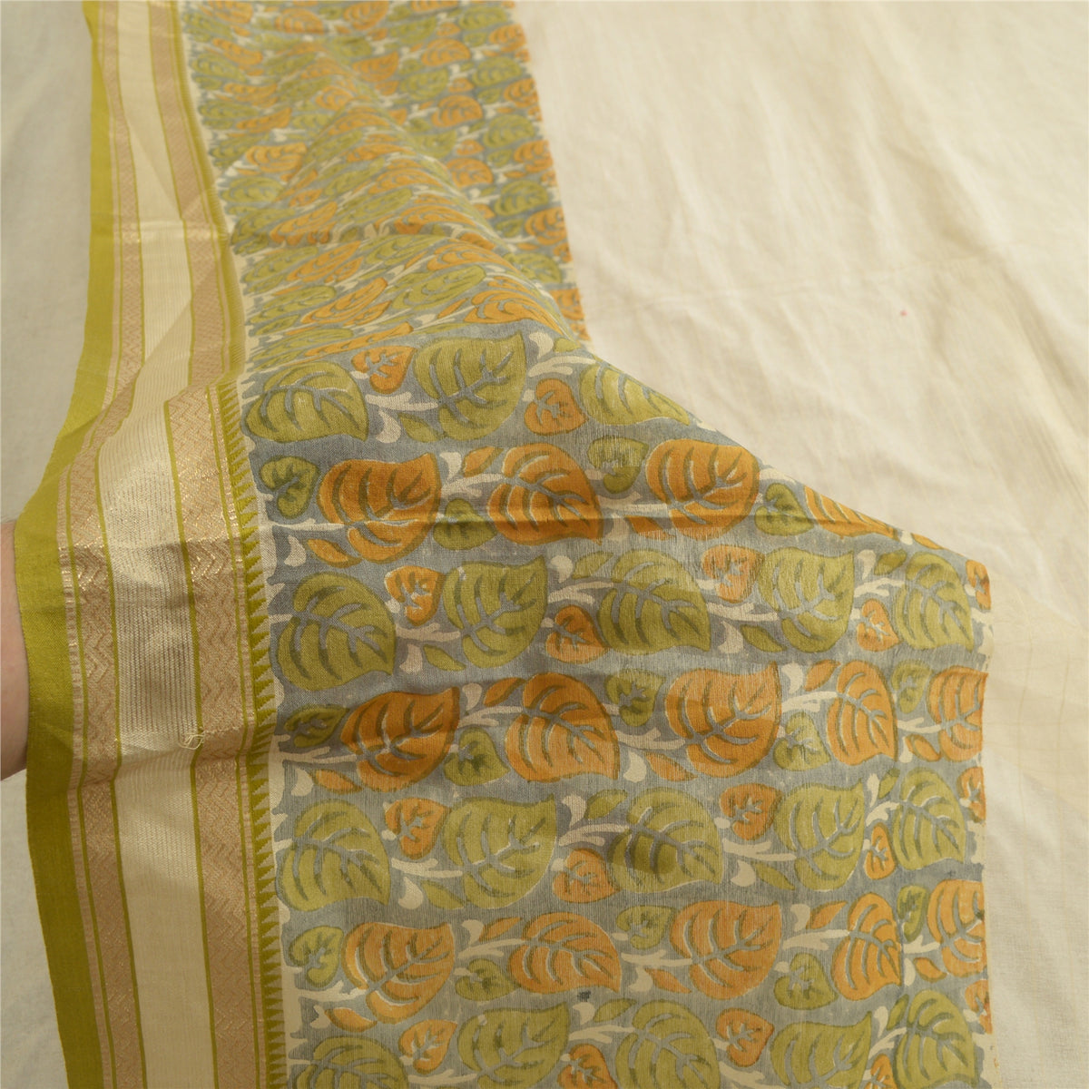 Sanskriti Vintage Printed Woven Pure Silk Long Dupatta Stole Ivory-Grey Veil