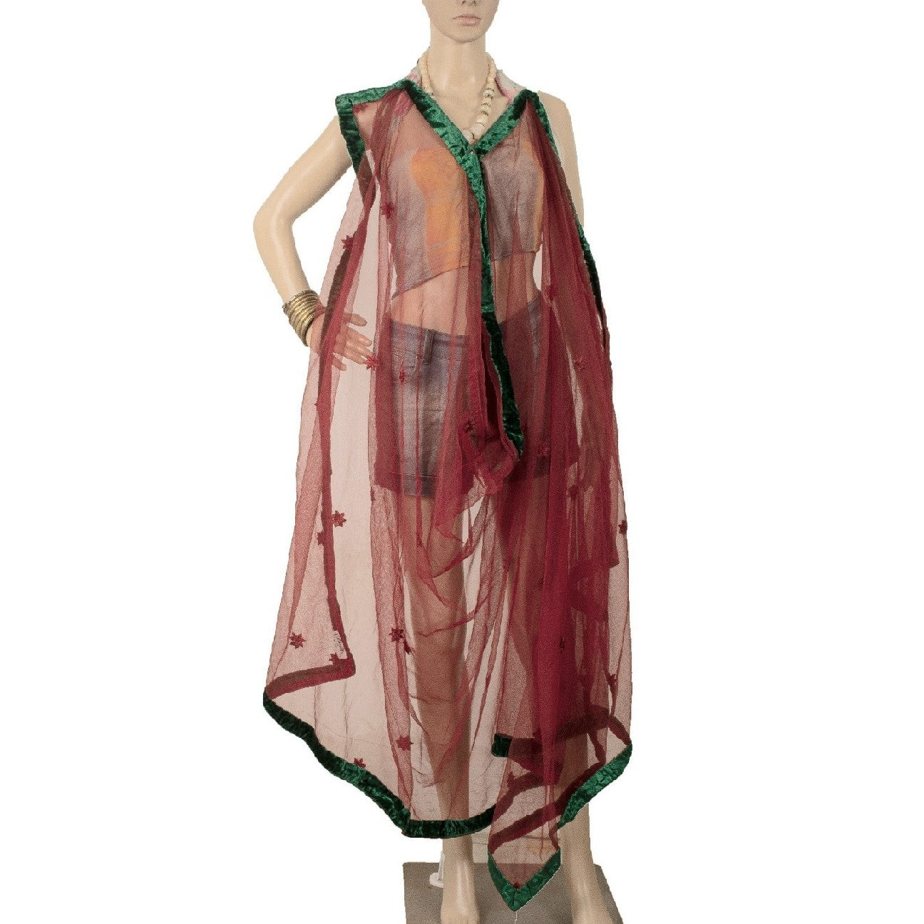 Sanskriti Vintage Dark Red Long Dupatta Stole Net Mesh Hand Beaded Wrap Scarves