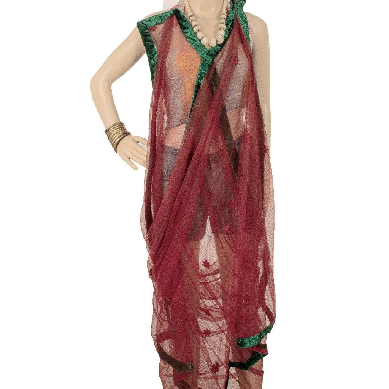 Sanskriti Vintage Dark Red Long Dupatta Stole Net Mesh Hand Beaded Wrap Scarves