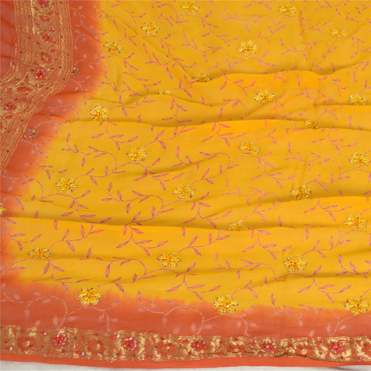 Sanskriti Vintage Lang Gul Dupatta/Stola Ren Georgette Silke Håndperlet Slør