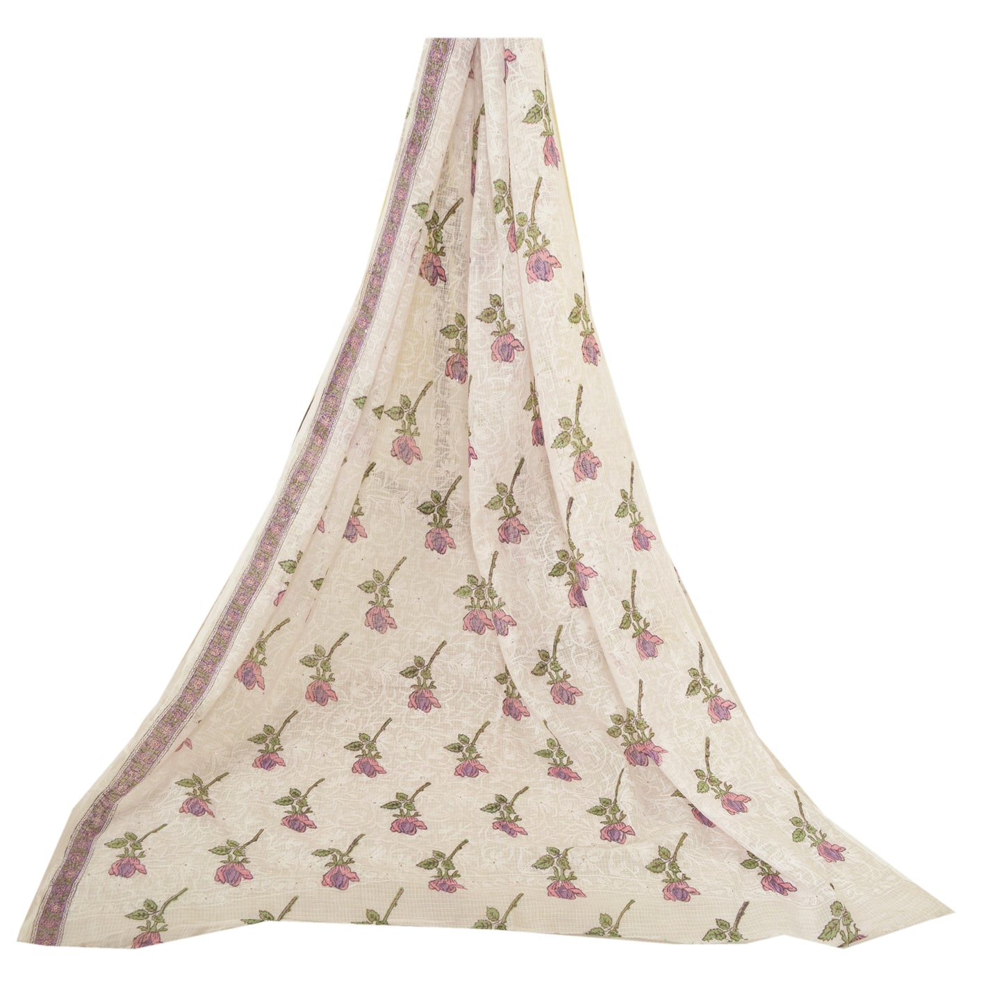 Sanskriti Vintage Dupatta Long Stole Pure Cotton Kota Doria White Block Printed