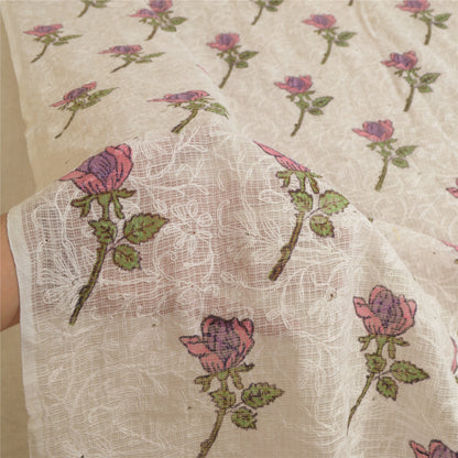 Sanskriti Vintage Dupatta Long Stole Pure Cotton Kota Doria White Block Printed