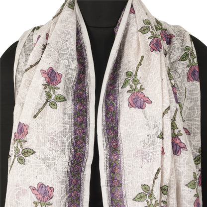 Sanskriti Vintage Dupatta Long Stole Pure Cotton Kota Doria White Block Printed