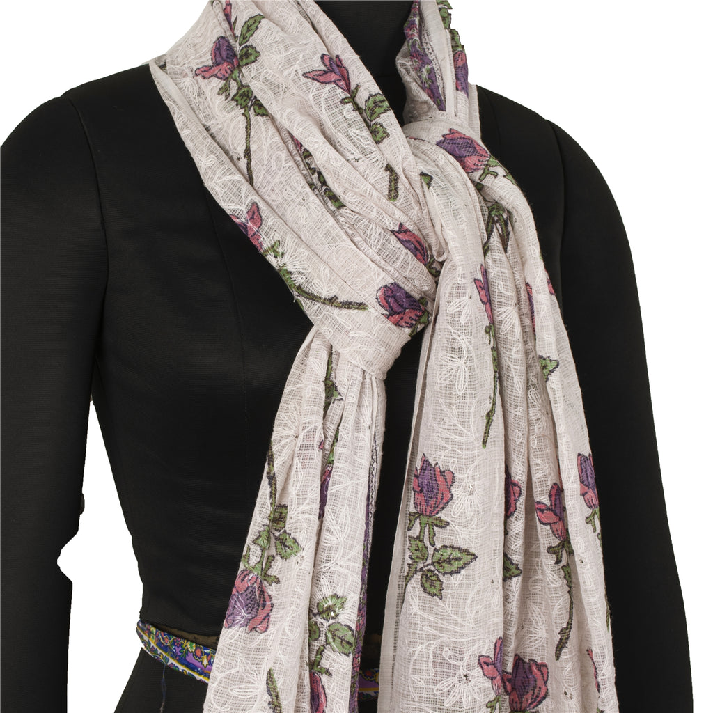 Sanskriti Vintage Dupatta Long Stole Pure Cotton Kota Doria White Block Printed
