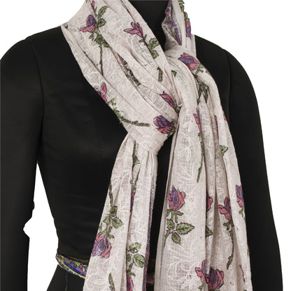 Sanskriti Vintage Dupatta Long Stole Pure Cotton Kota Doria White Block Printed