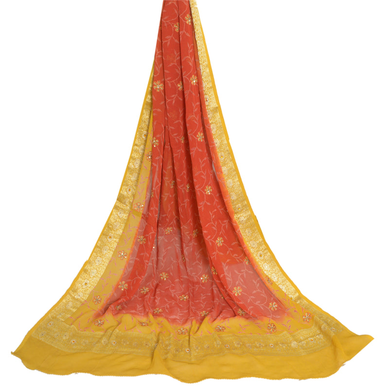 Sanskriti Vintage Long Red/Mustard Dupatta/Stole Pure Georgette Silk Hand Beaded