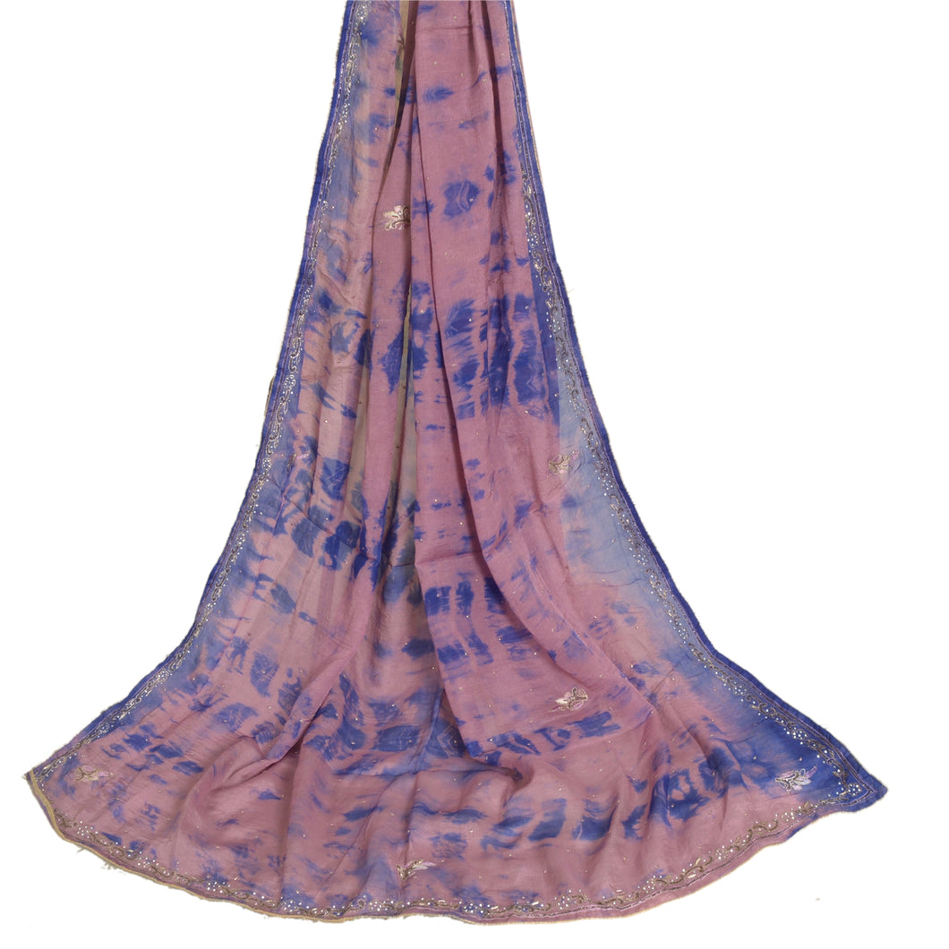 Sanskriti Vintage Pink/Blue Dupatta Long Stole Pure Silk Hand Beaded Tie-Dye
