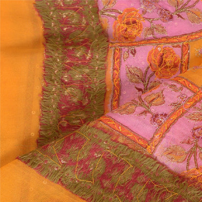 Sanskriti Vintage Long Yellow Dupatta/Stole Pure Georgette Silk Hand Beaded Veil