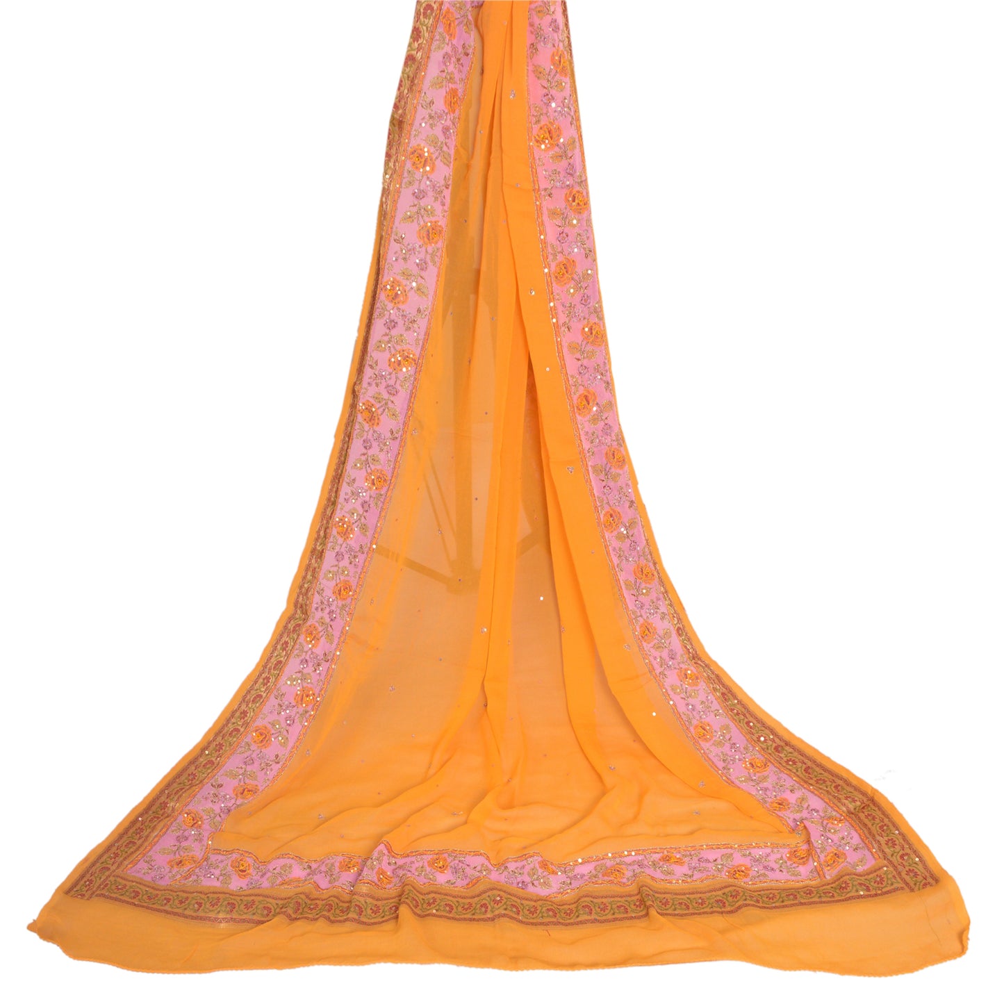 Sanskriti Vintage Long Yellow Dupatta/Stole Pure Georgette Silk Hand Beaded Veil