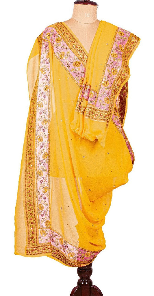 Sanskriti Vintage Long Yellow Dupatta/Stole Pure Georgette Silk Hand Beaded Veil