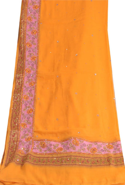 Sanskriti Vintage Long Yellow Dupatta/Stole Pure Georgette Silk Hand Beaded Veil