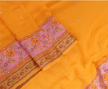 Sanskriti Vintage Long Yellow Dupatta/Stole Pure Georgette Silk Hand Beaded Veil