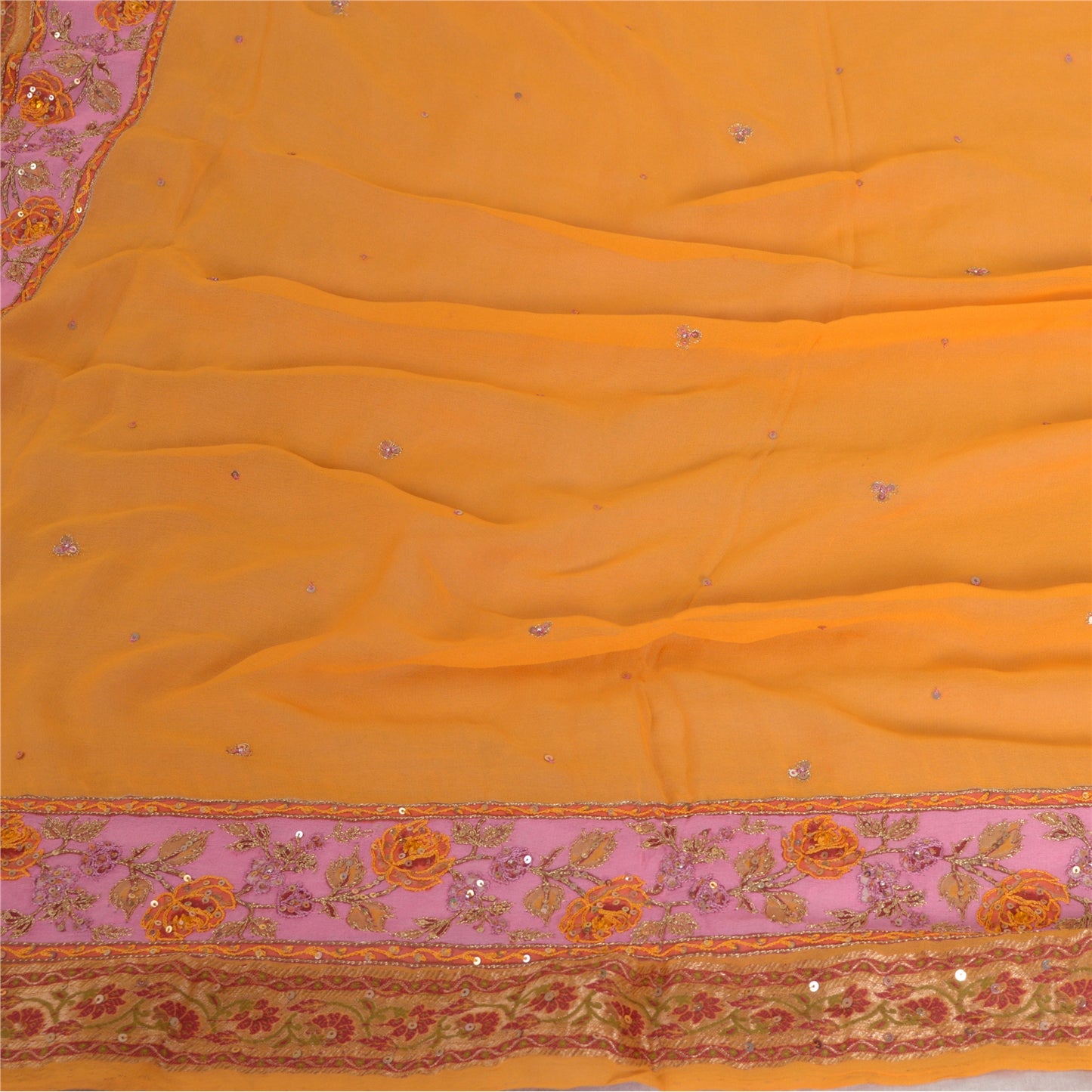 Sanskriti Vintage Long Yellow Dupatta/Stole Pure Georgette Silk Hand Beaded Veil