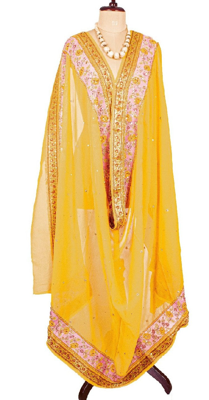 Sanskriti Vintage Long Yellow Dupatta/Stole Pure Georgette Silk Hand Beaded Veil