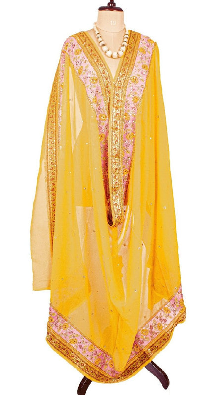 Sanskriti Vintage Long Yellow Dupatta/Stole Pure Georgette Silk Hand Beaded Veil