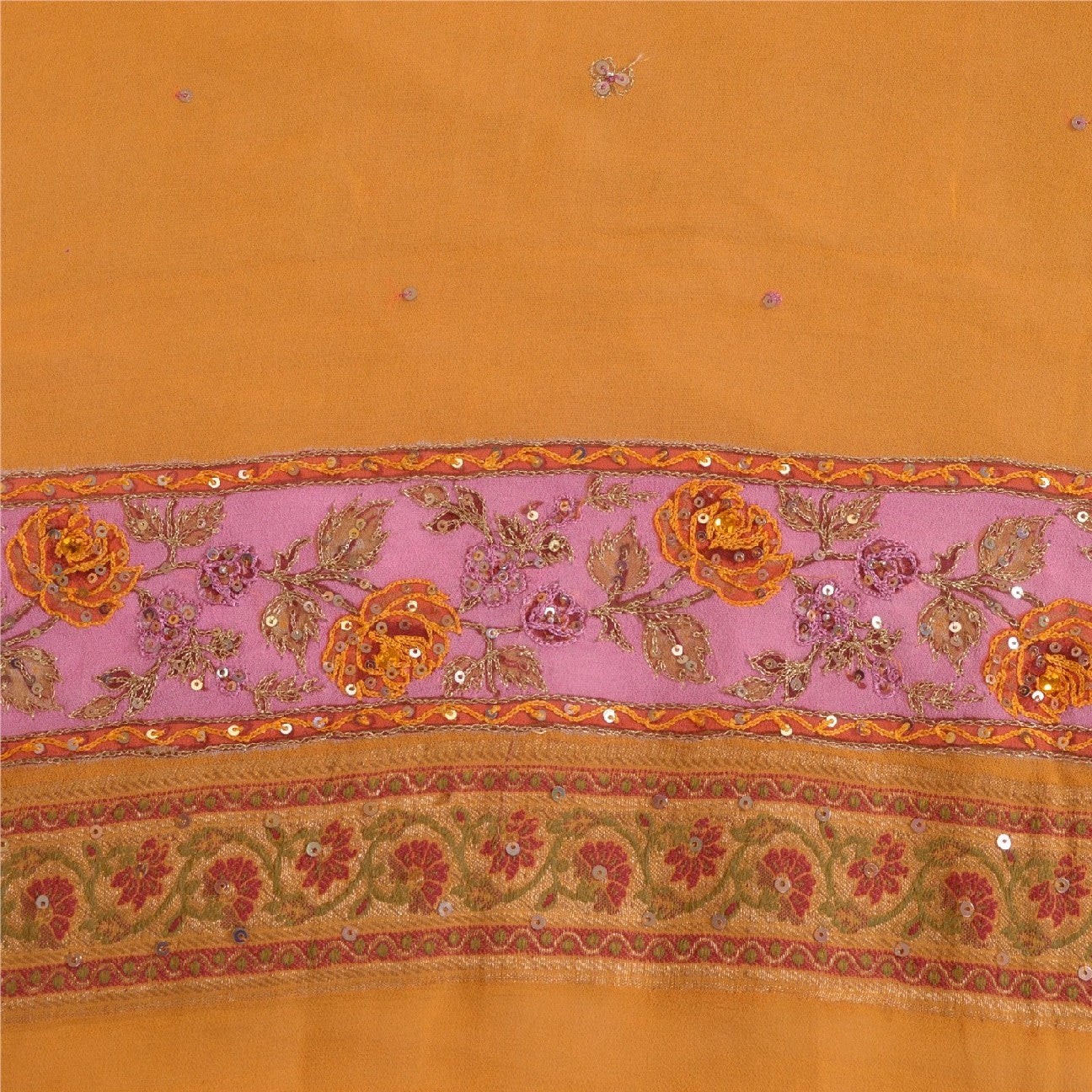 Sanskriti Vintage Long Yellow Dupatta/Stole Pure Georgette Silk Hand Beaded Veil