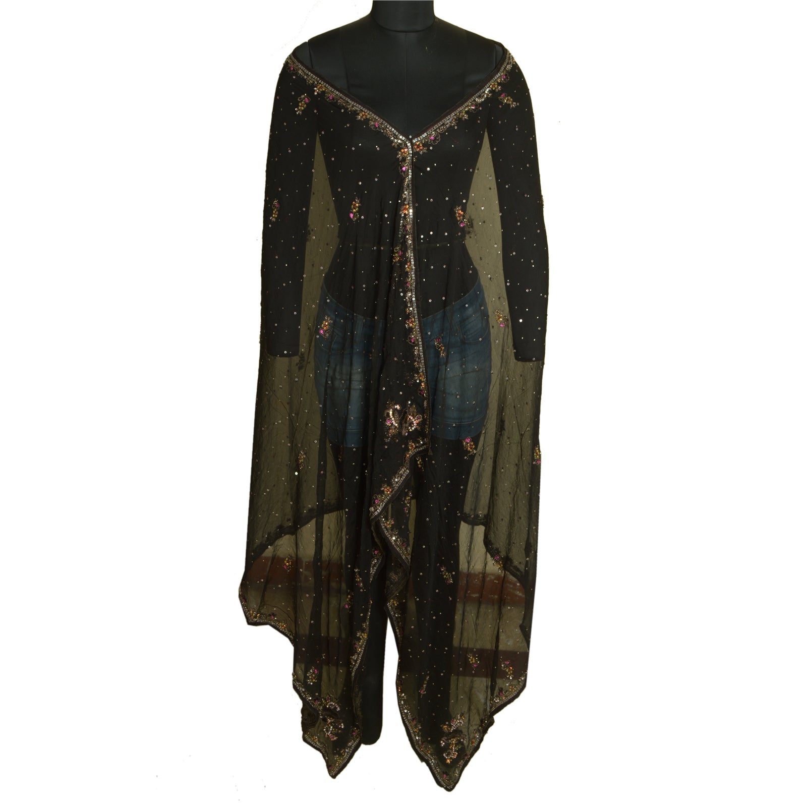 Sanskriti Vintage Long Black Dupatta/Stole Pure Chiffon Silk Hand Beaded Scarves