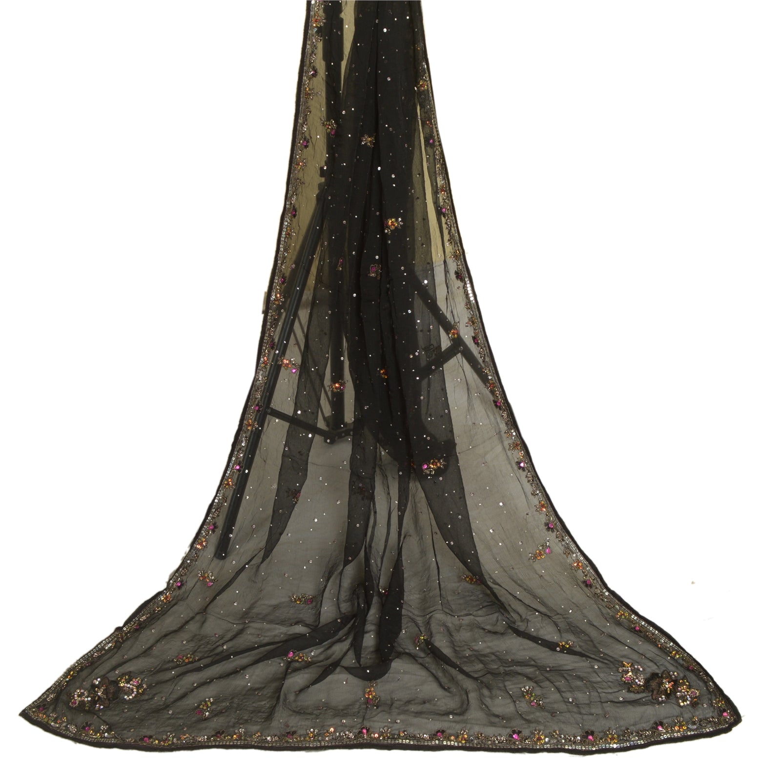 Sanskriti Vintage Long Black Dupatta/Stole Pure Chiffon Silk Hand Beaded Scarves