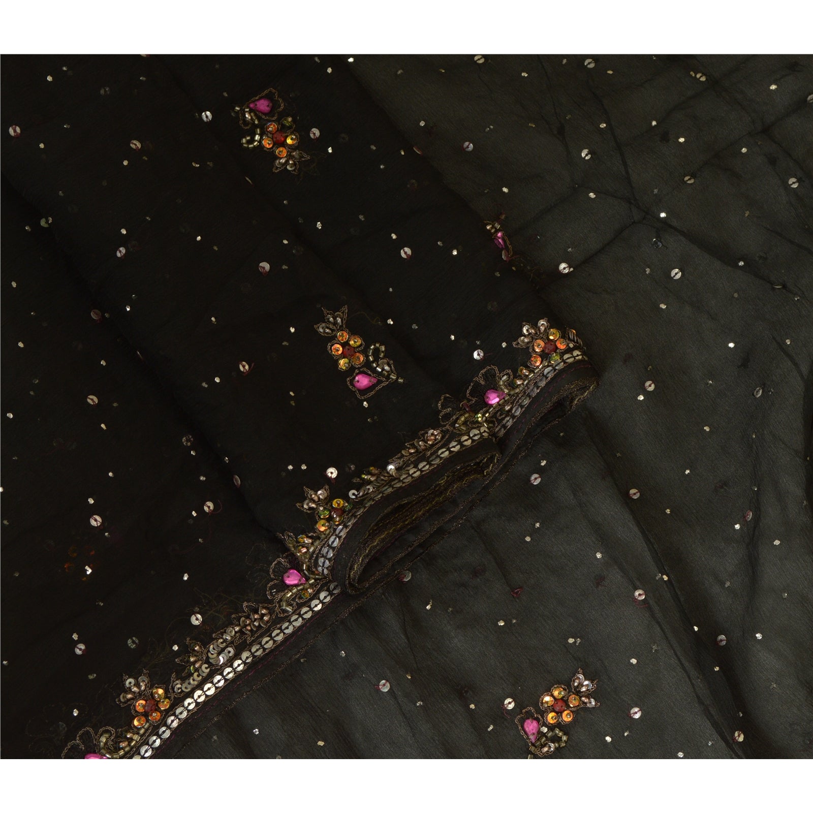 Sanskriti Vintage Long Black Dupatta/Stole Pure Chiffon Silk Hand Beaded Scarves