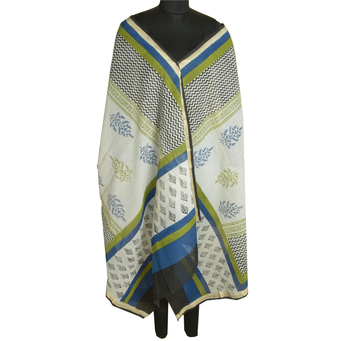 Sanskriti Vintage Long Dupatta Stole Pure Cotton White/Blue Hand-Block Printed