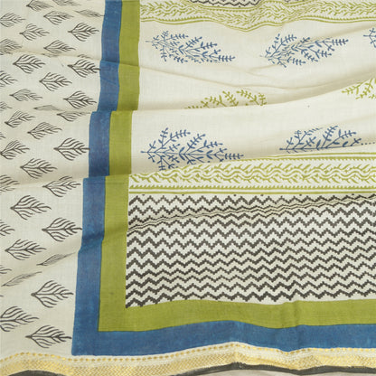 Sanskriti Vintage Long Dupatta Stole Pure Cotton White/Blue Hand-Block Printed