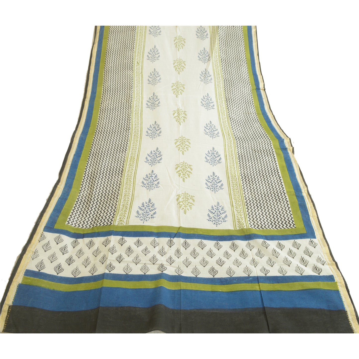 Sanskriti Vintage Long Dupatta Stole Pure Cotton White/Blue Hand-Block Printed