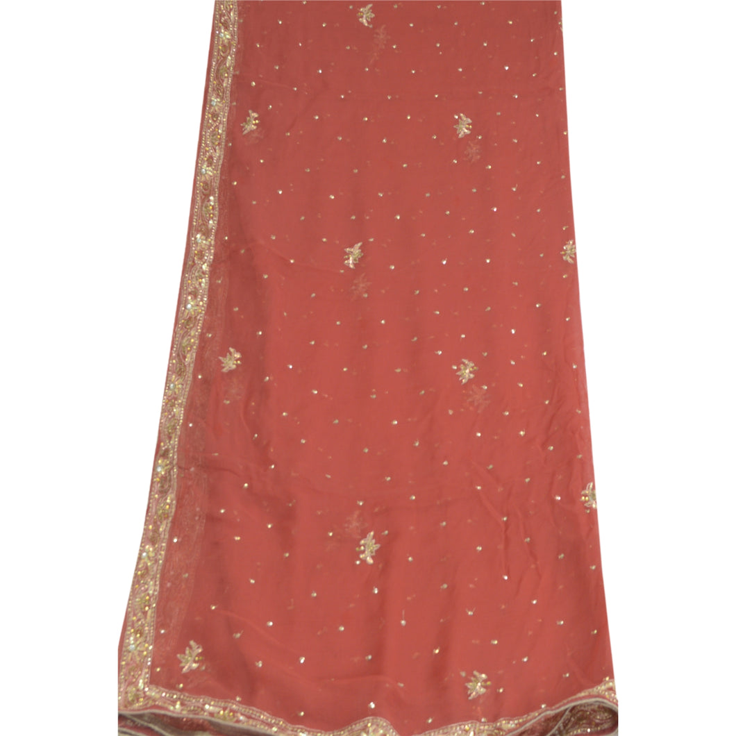 Sanskriti Vintage Long Brick Red Dupatta/Stole Pure Chiffon Silk Hand Beads Veil