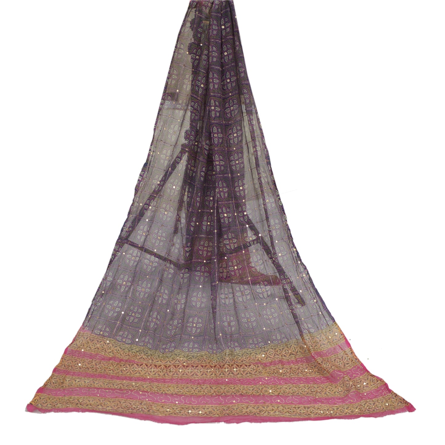Sanskriti Vintage Dupatta Long Stole Pure Chiffon Silk Blue & Pink Hand Beaded