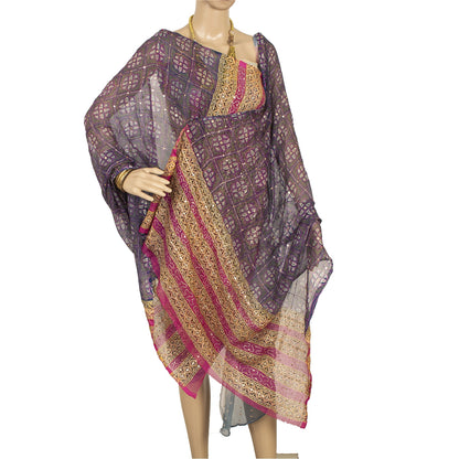 Sanskriti Vintage Dupatta Long Stole Pure Chiffon Silk Blue & Pink Hand Beaded