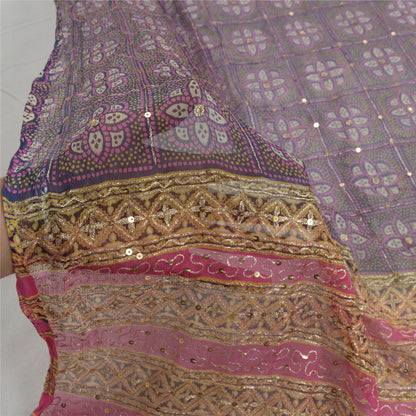 Sanskriti Vintage Dupatta Long Stole Pure Chiffon Silk Blue & Pink Hand Beaded