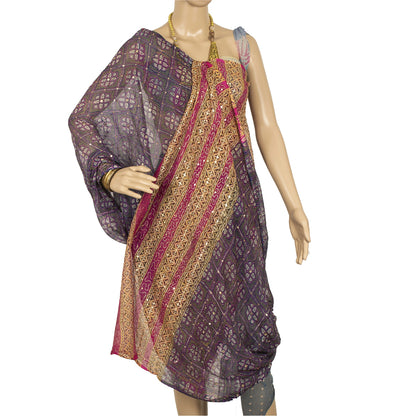 Sanskriti Vintage Dupatta Long Stole Pure Chiffon Silk Blue & Pink Hand Beaded