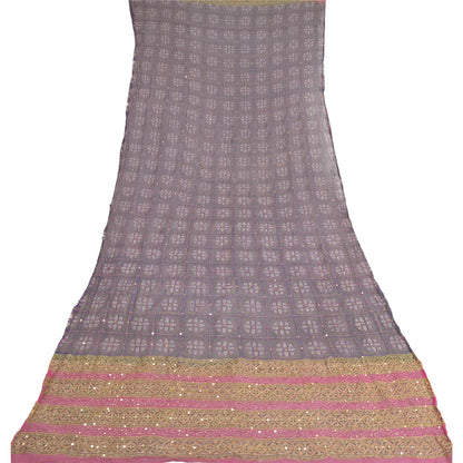 Sanskriti Vintage Dupatta Long Stole Pure Chiffon Silk Blue & Pink Hand Beaded