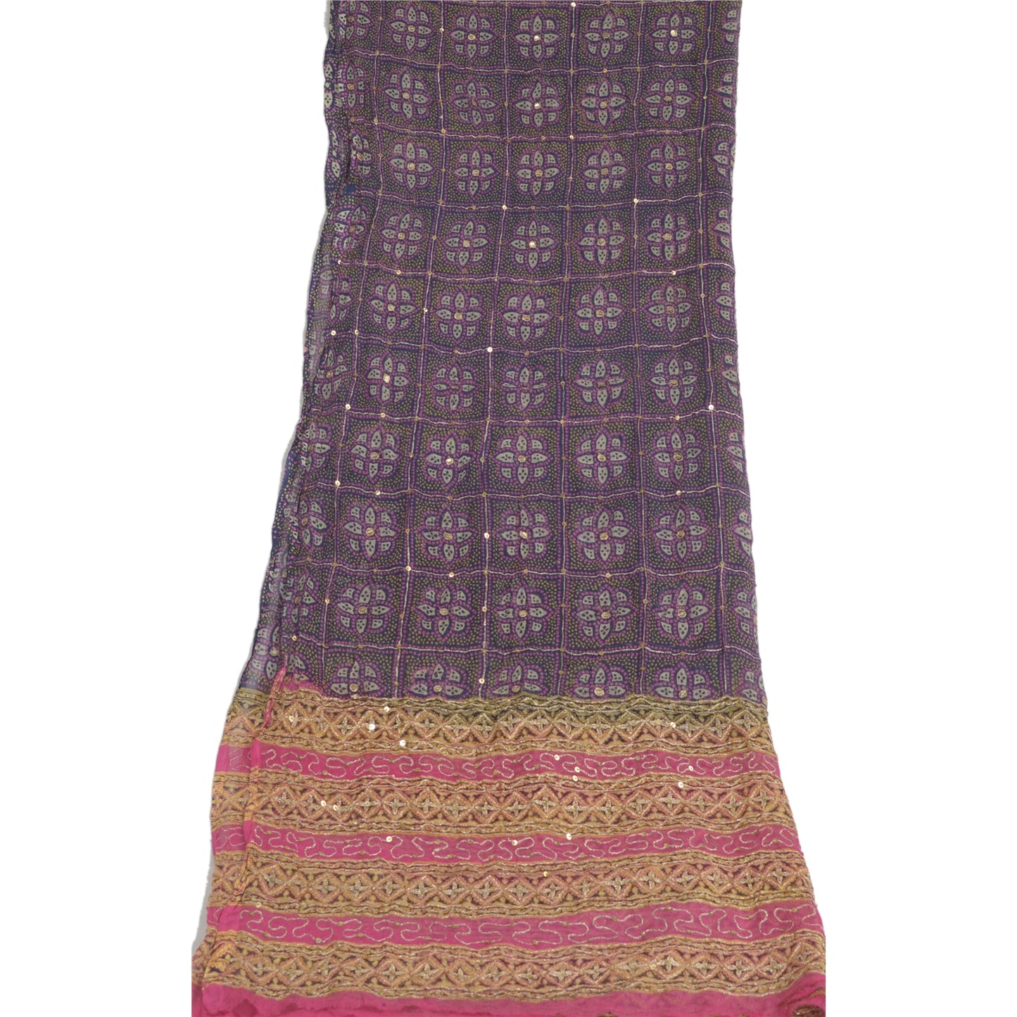 Sanskriti Vintage Dupatta Long Stole Pure Chiffon Silk Blue & Pink Hand Beaded