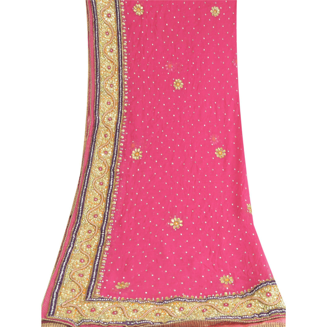 Sanskriti Vintage Dupatta Long Stole Pure Chiffon Silk Pink Hand Beaded Scarves
