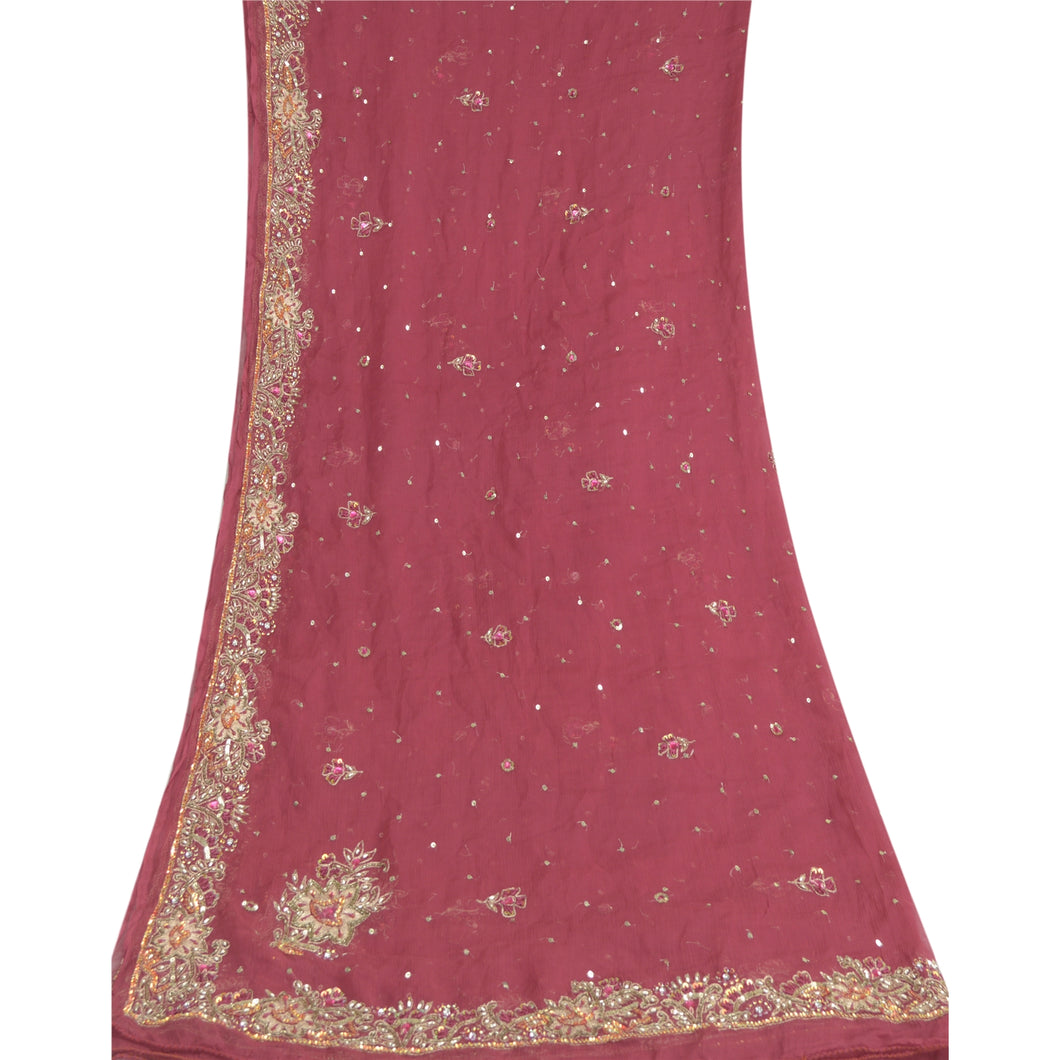 Sanskriti Vintage Dupatta Long Stole Pure Chiffon Silk Pink Hand Beaded Veil